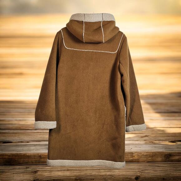 Vtg Y2K Sherpa Lined Brown Vegan Leather Jacket Long Hippie Womens Medium Toggle - Picture 2 of 8